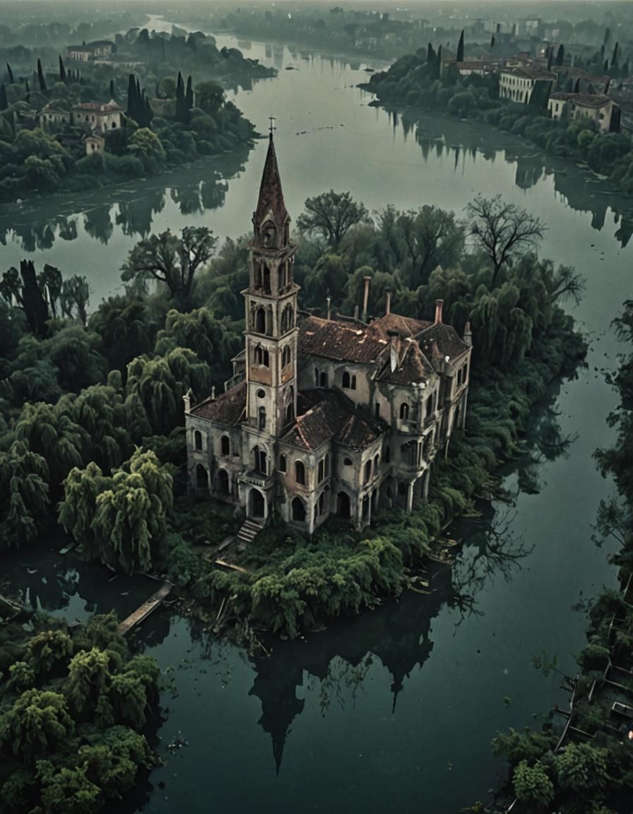Eerie Gothic Aerial View of Poveglia Island