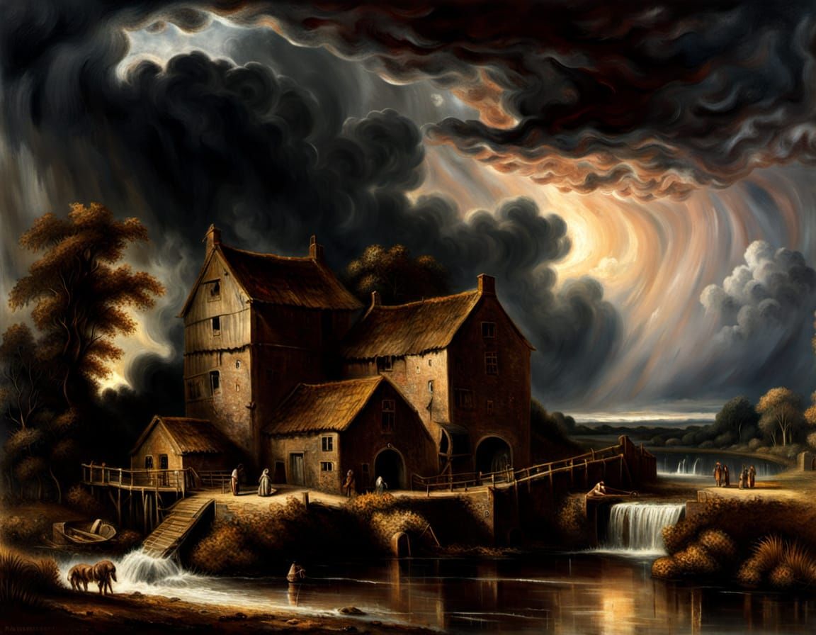 Ethereal Watermill Scene Under a Dark, Mysterious Sky