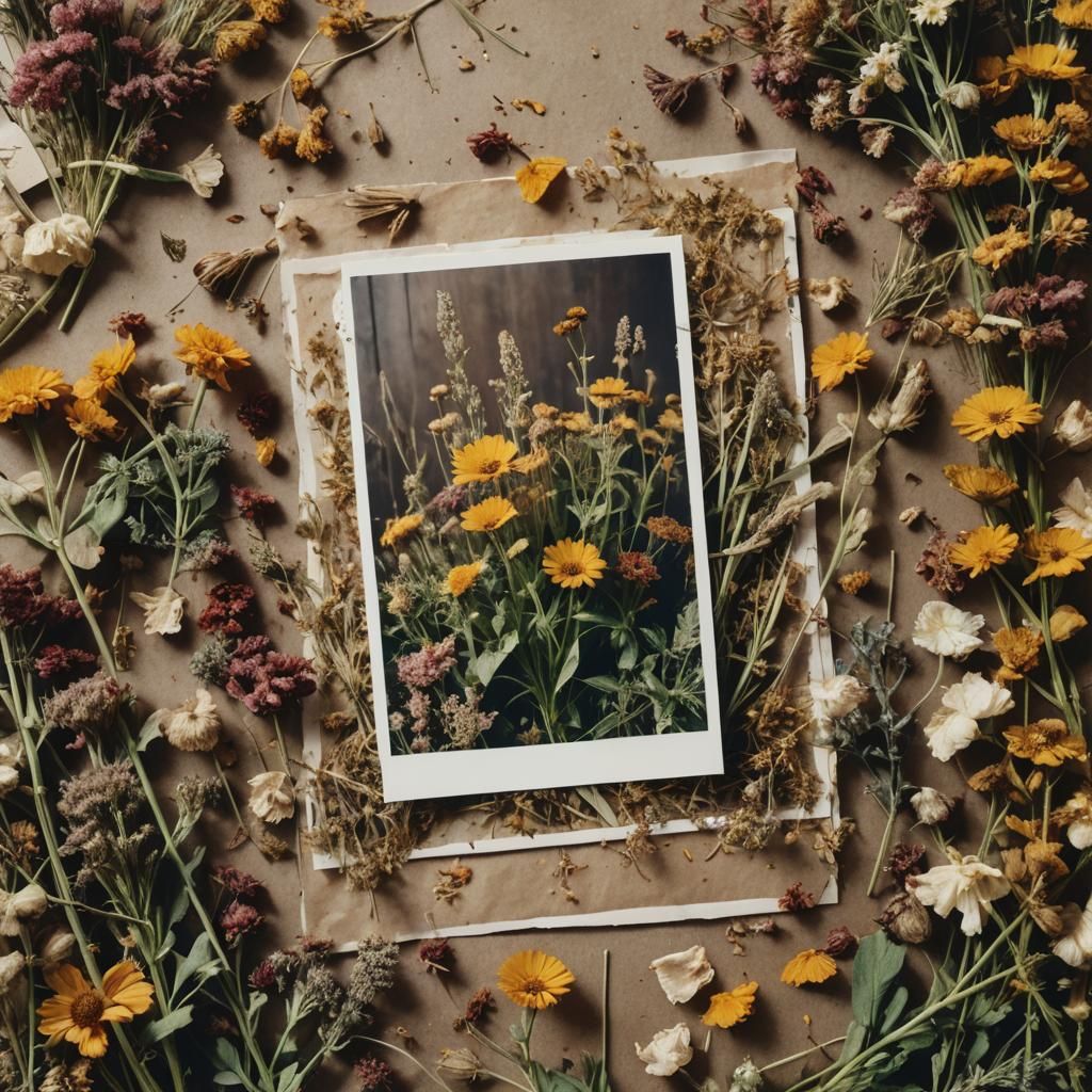 Polaroid Photograph Amid Dried Flowers and Herbs