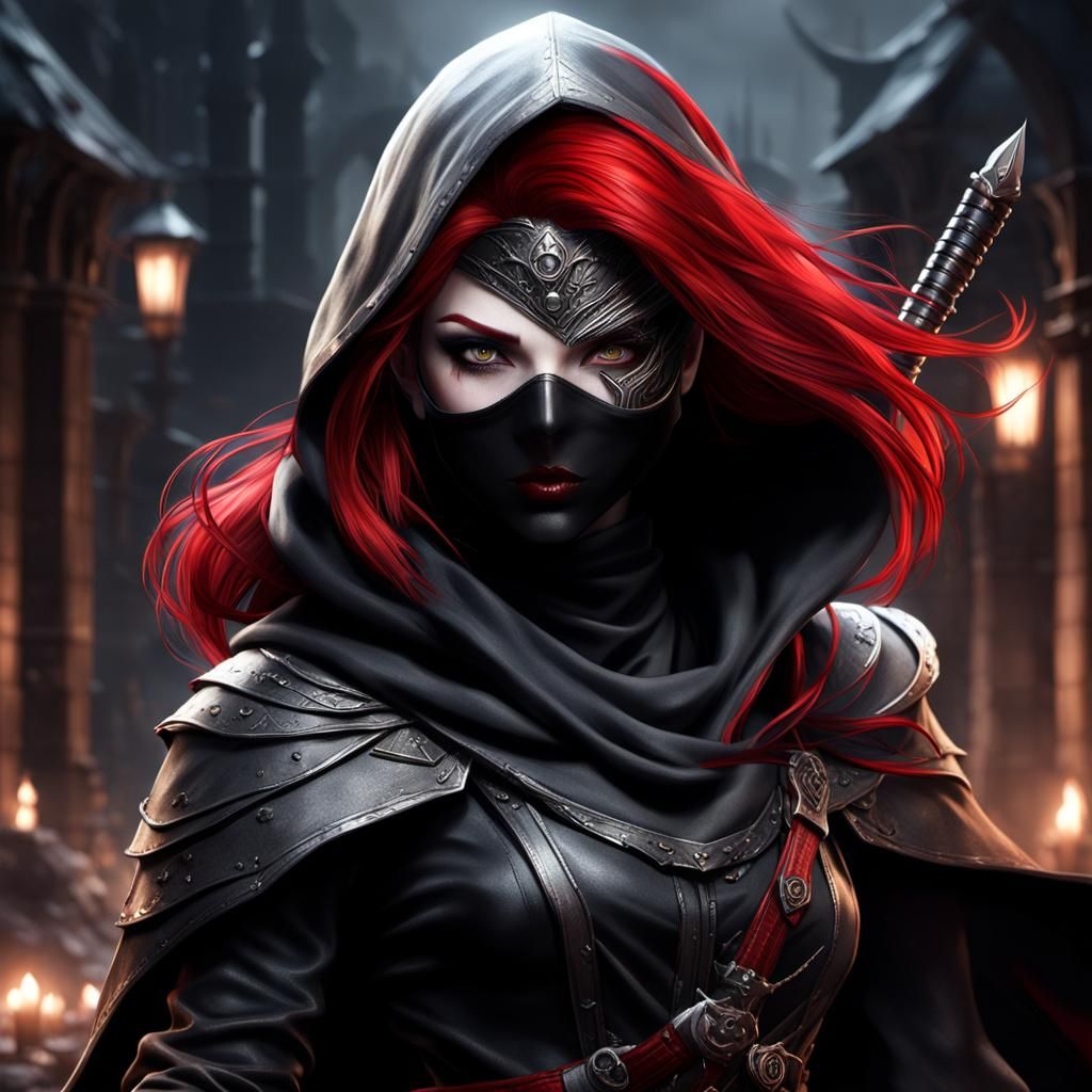 Red-Haired Assassin in Black Cloak: Fantasy Art