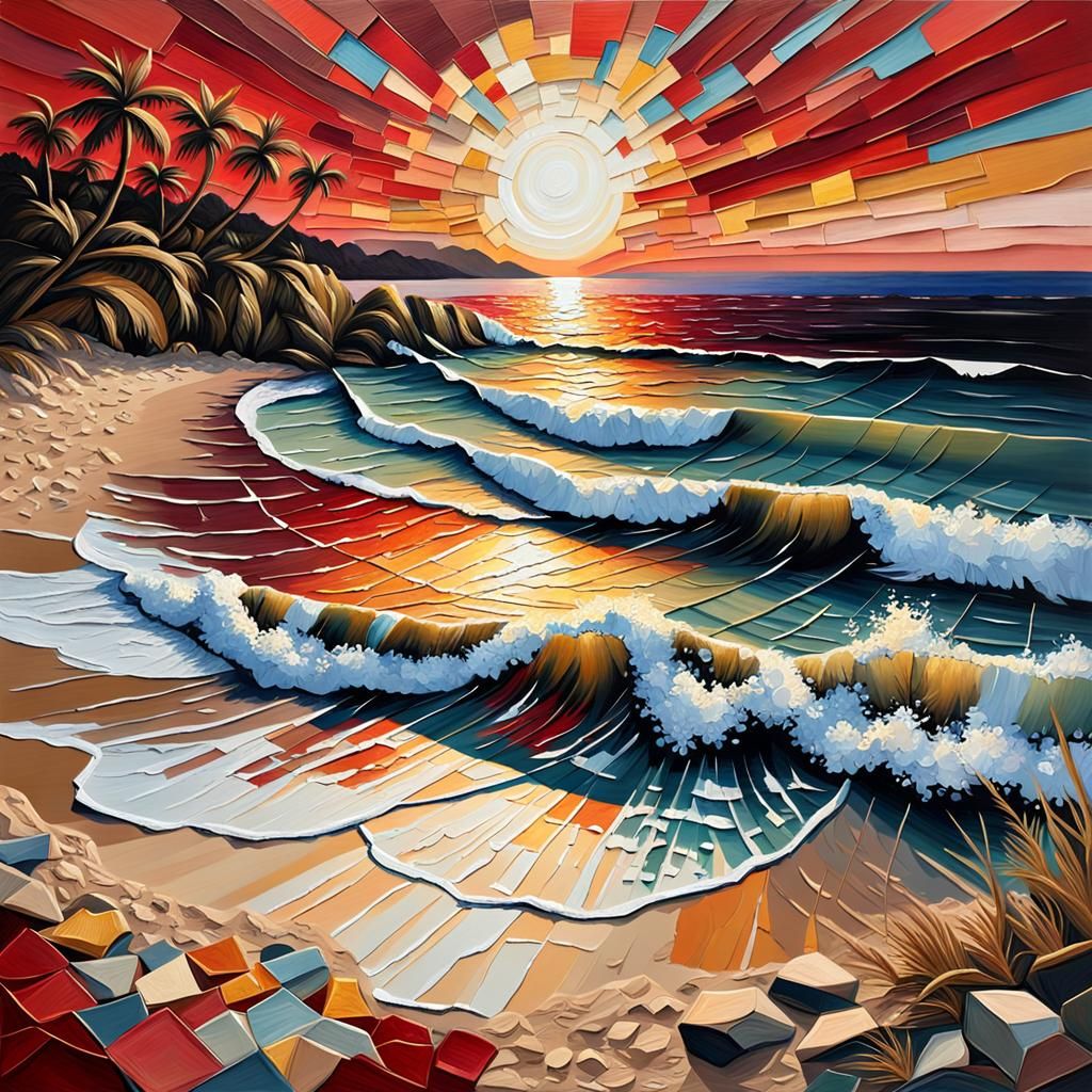 Sunset Beach Painting with Impasto and Collage