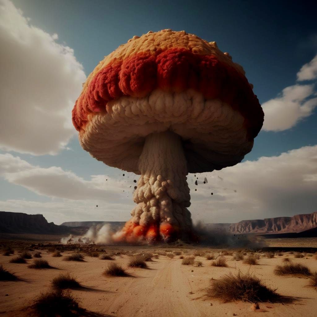 In the desert at noon a nuclear bomb mushroom cloud with a c...