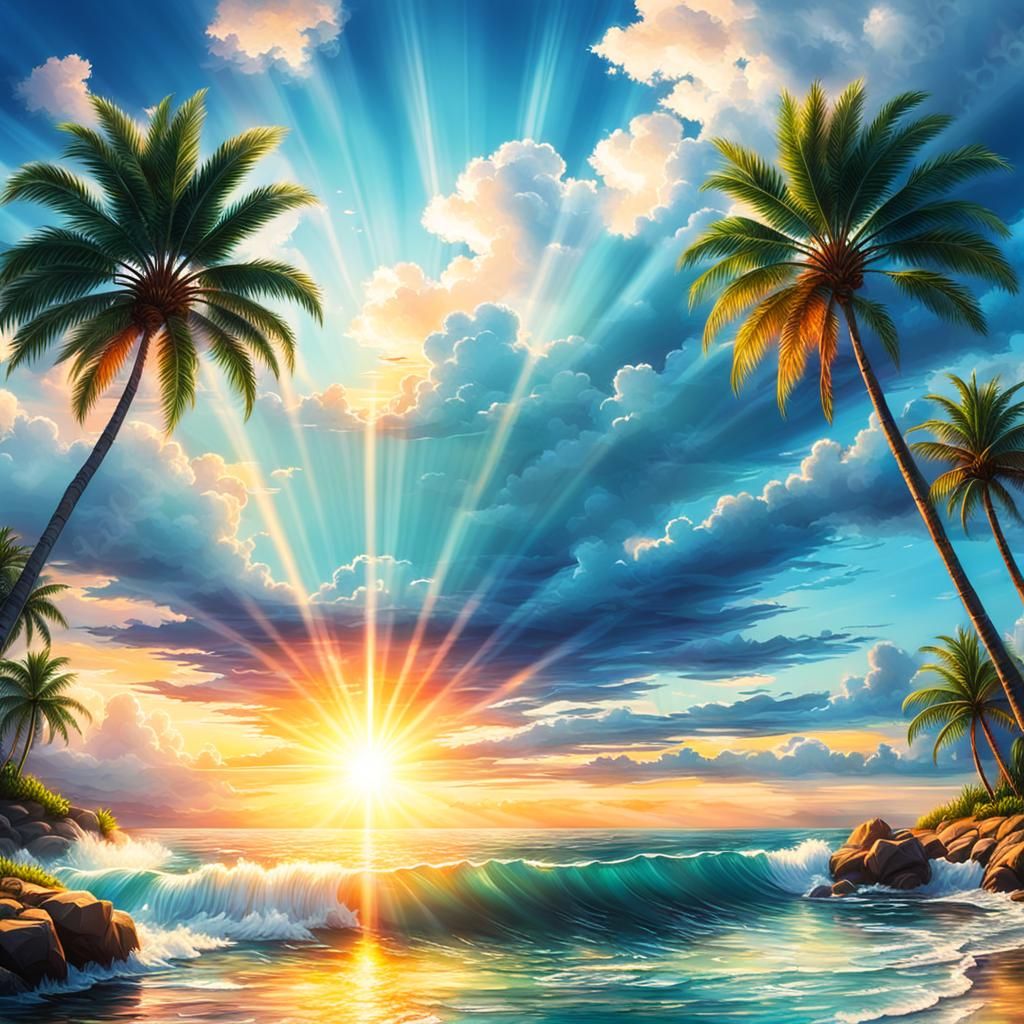 Ocean Sunset with Palm Trees in Divine Light