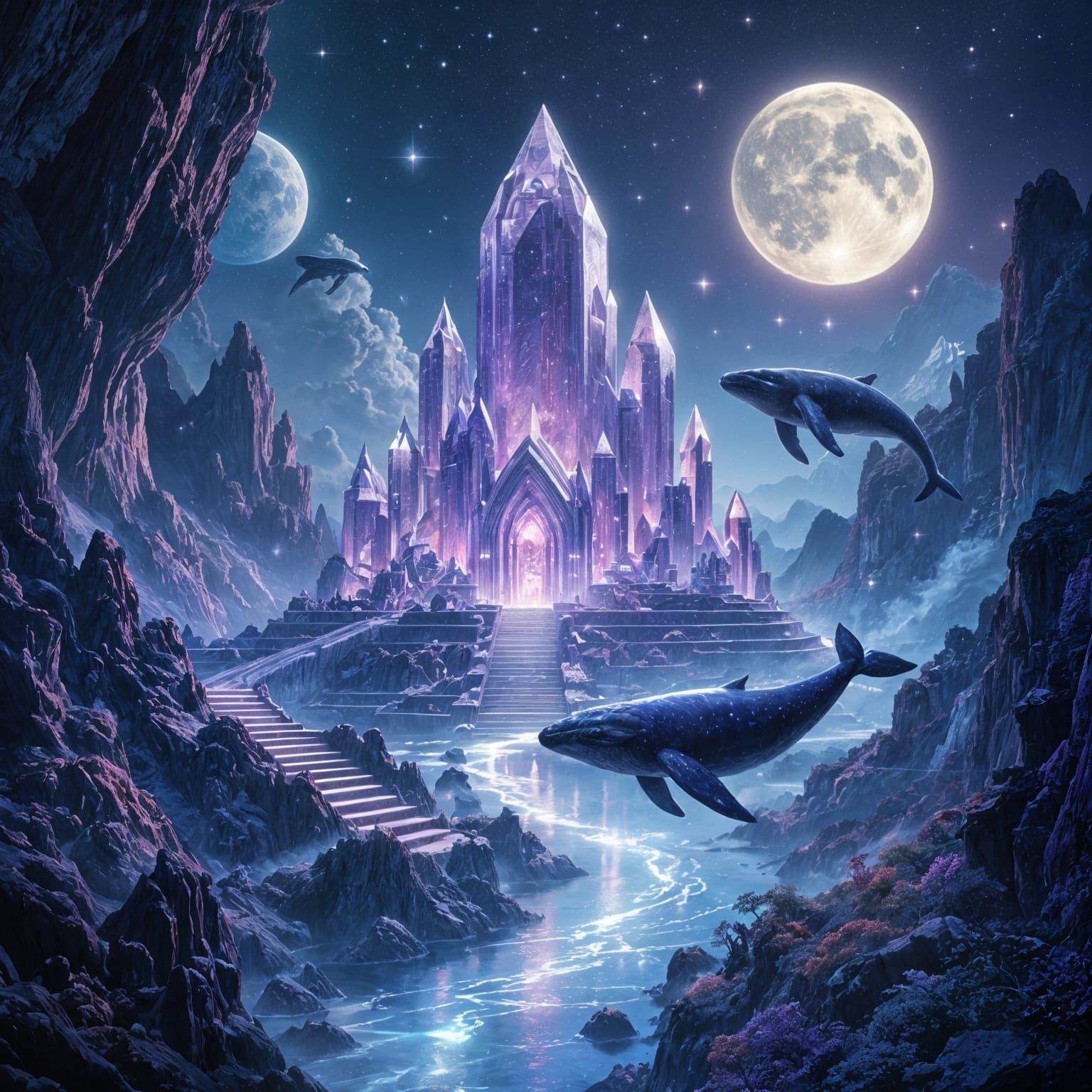 Amethyst Temple in Space with Celestial Whales