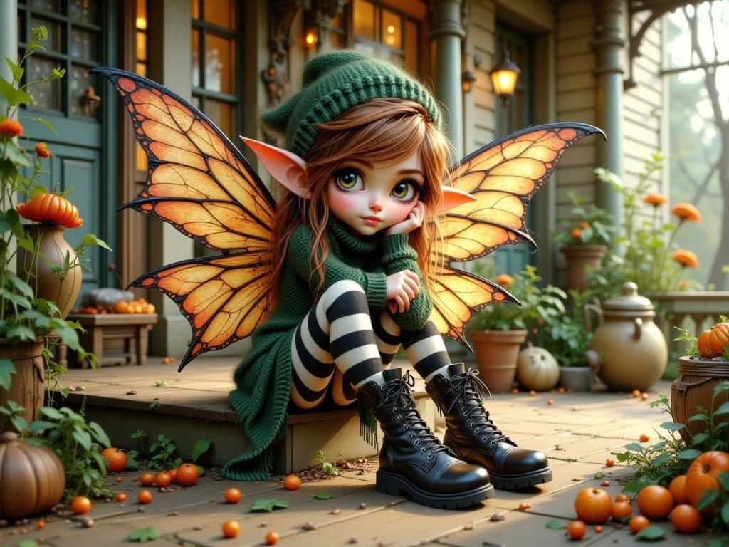 Whimsical Pixie Fairy on Porch in Digital Art Style