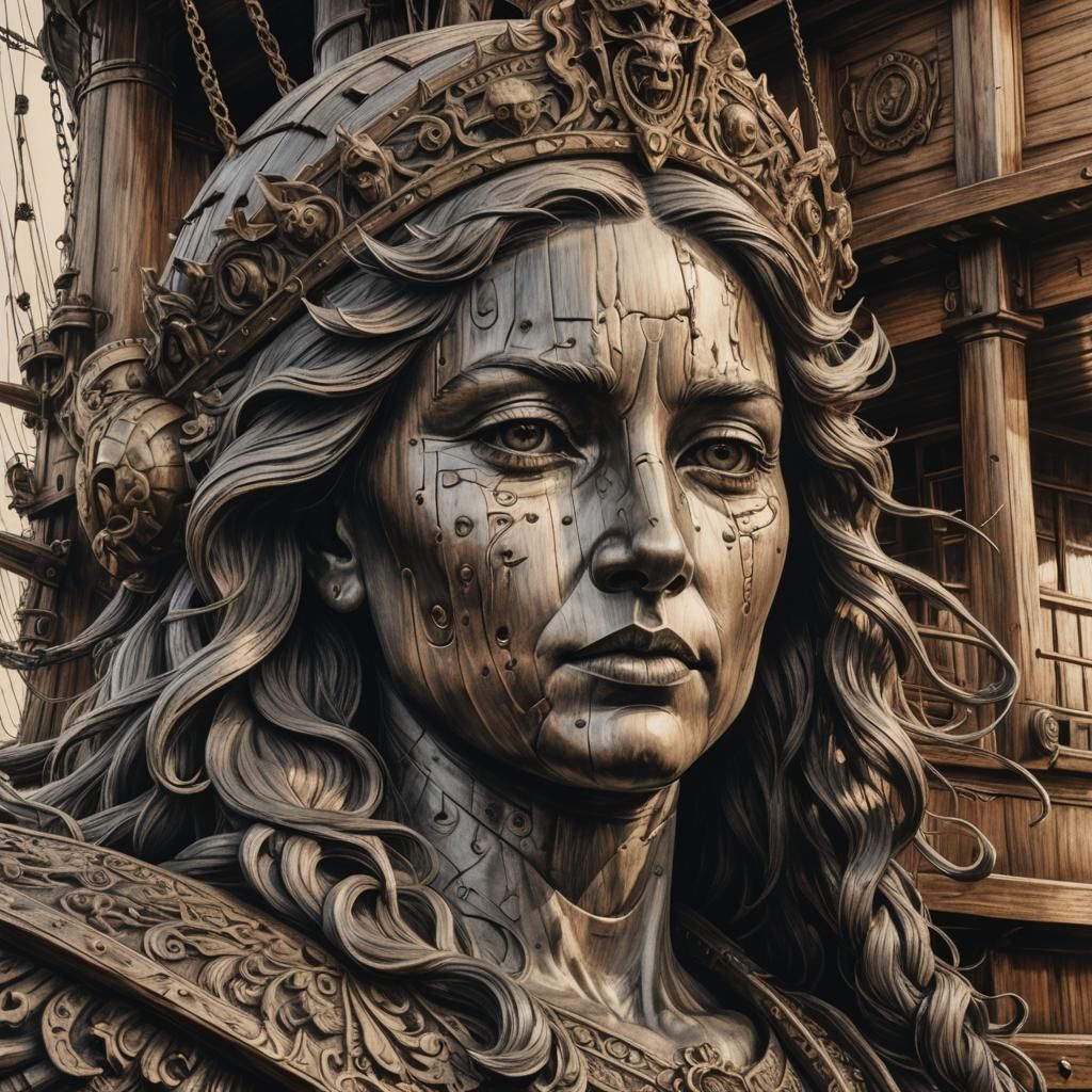 Majestic Ship Figurehead in Charcoal Drawing