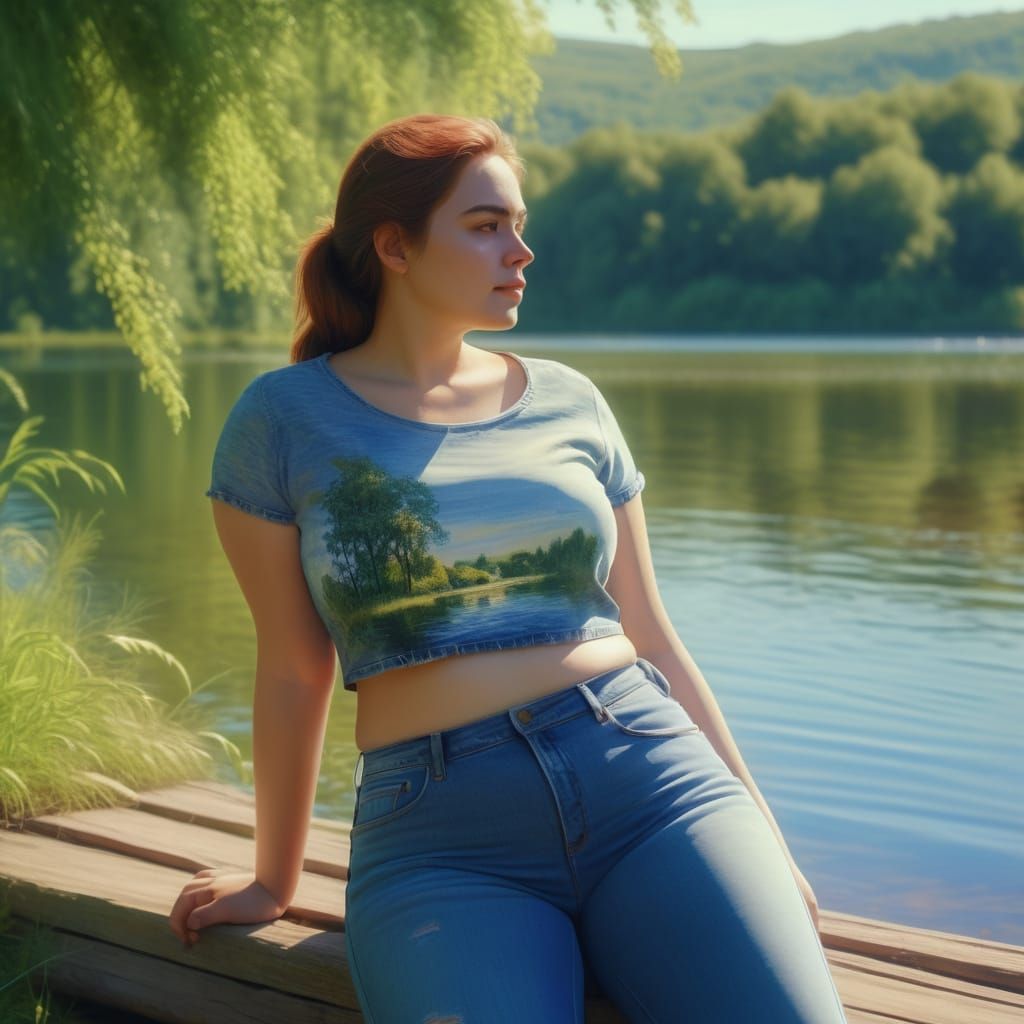 Serene Impressionist Scene of a Woman by a Lush Lake