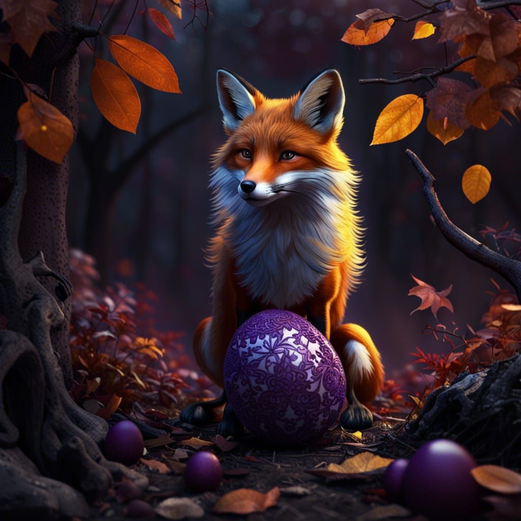 Fox with Egg in Autumn Forest, Dark Fantasy Art