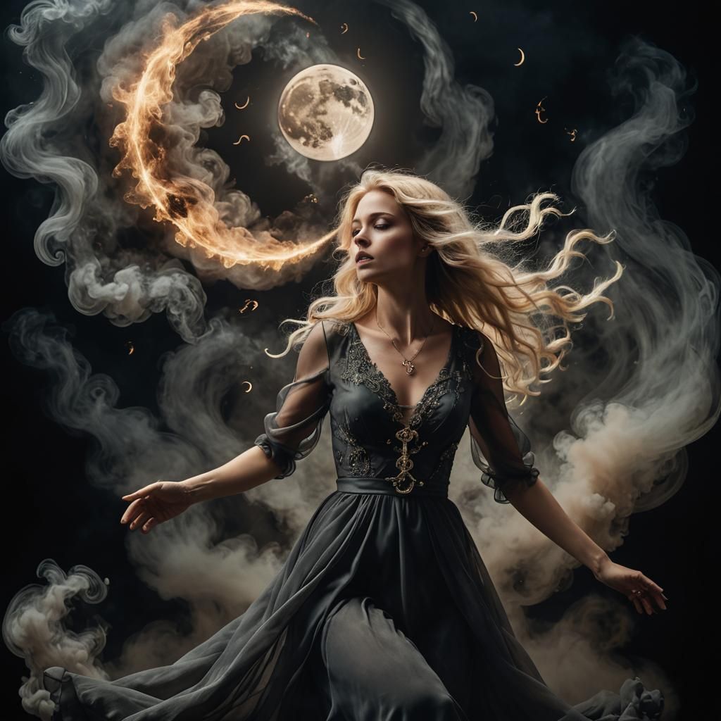 Ethereal Woman Dissolving into Smoke with Moon