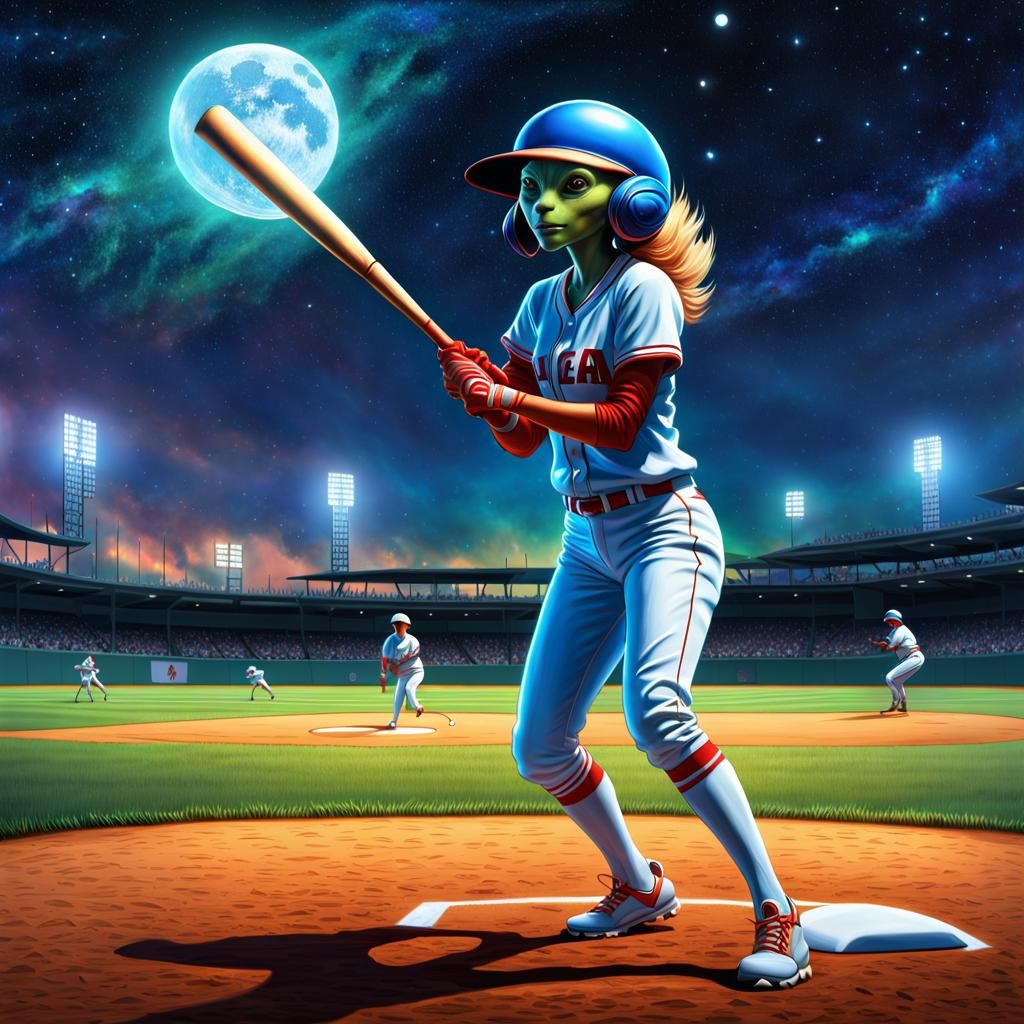 Alien Baseball Player Under Stars: Rococo-Style 3D Art