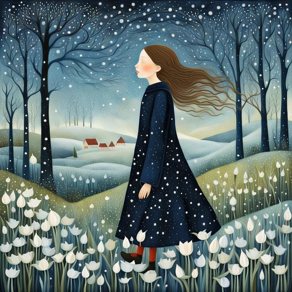 Dreamy Winter Galaxy Illustration with Shimmering Aura
