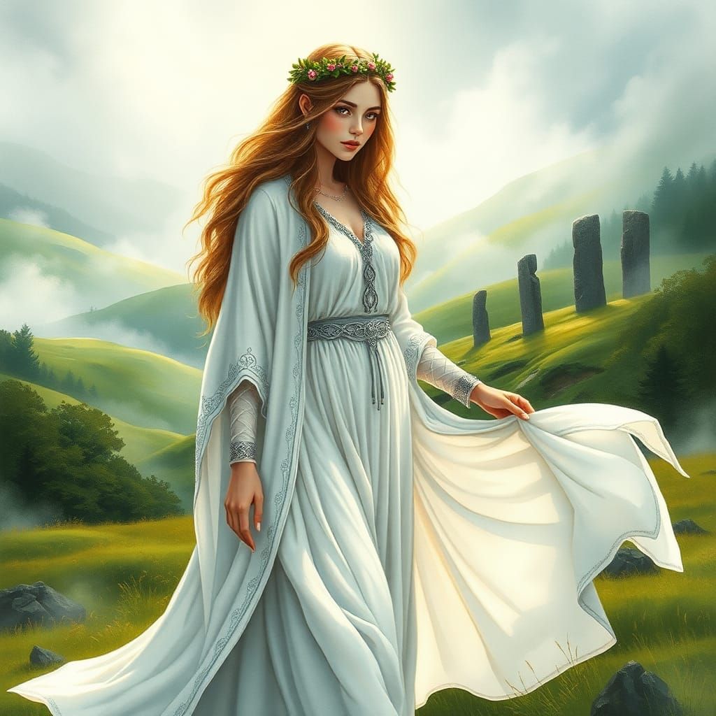 Mystical Celtic Goddess in Ethereal Landscape