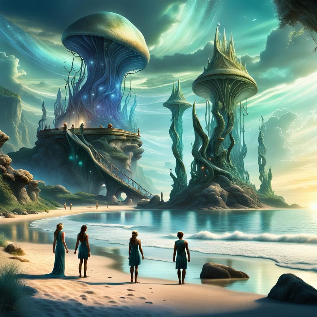 Fantasy Beach Scene: Tritons, Nereids, and Fairies