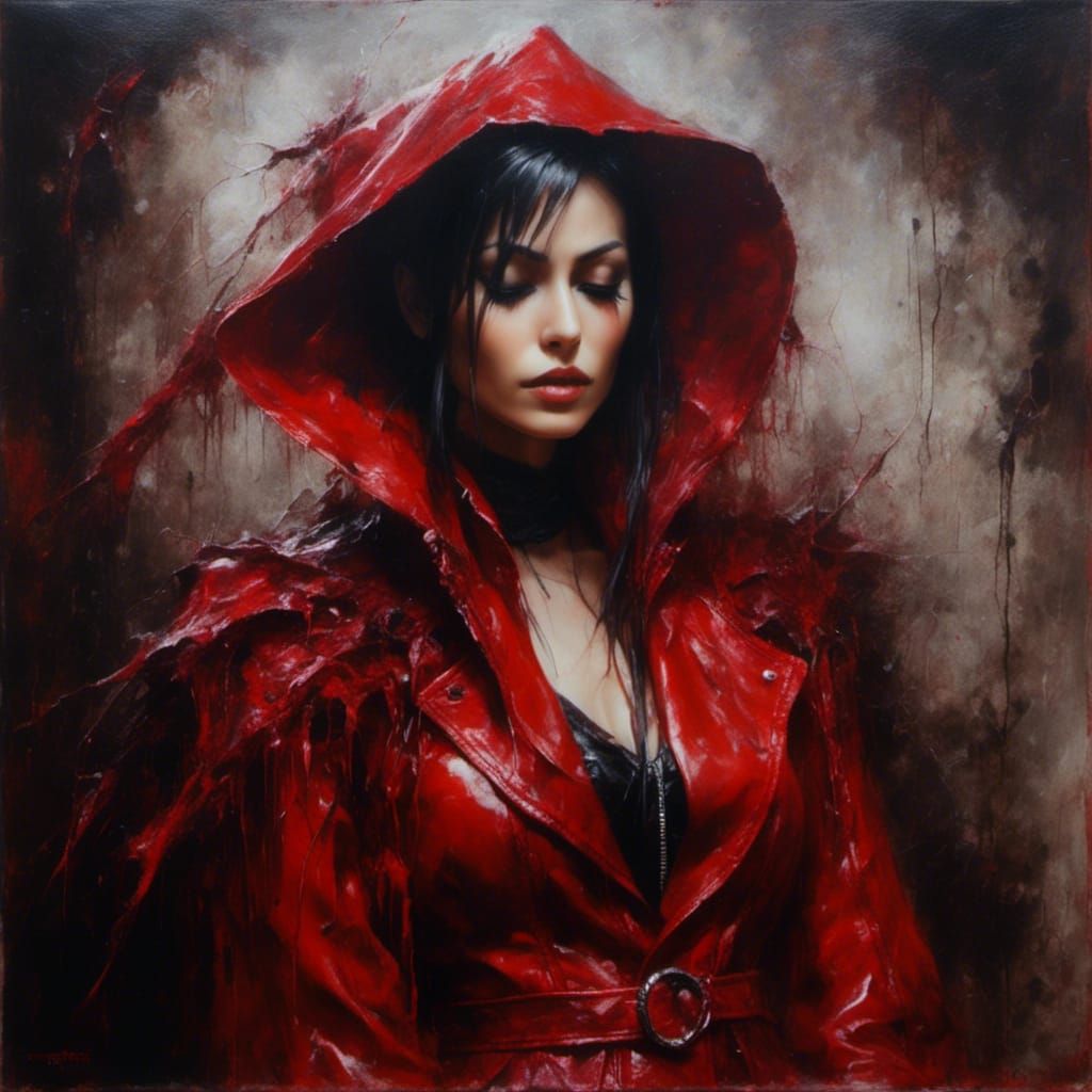 Gothic Pixie in Latex Coat Oil Painting