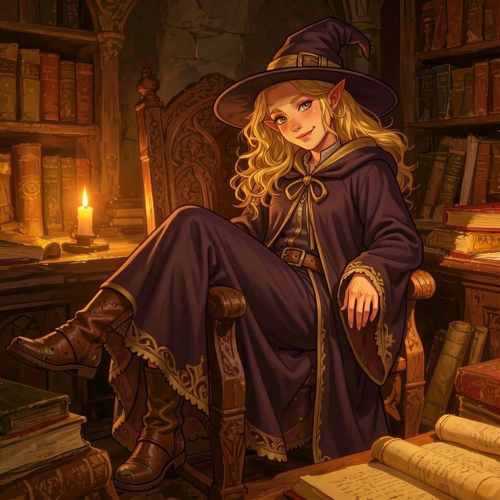 Elf Woman in Witch Robes and Hat