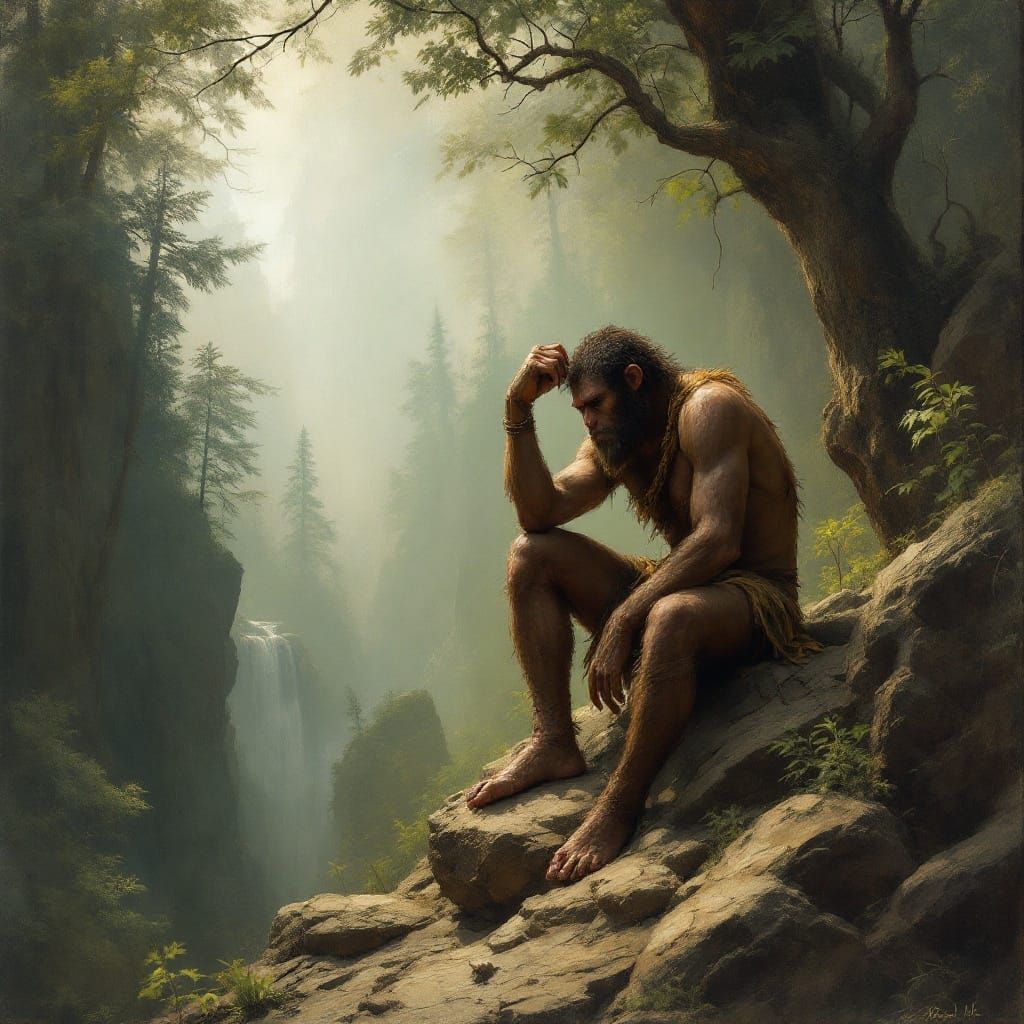 Contemplative Neanderthal in Prehistoric Forest Art
