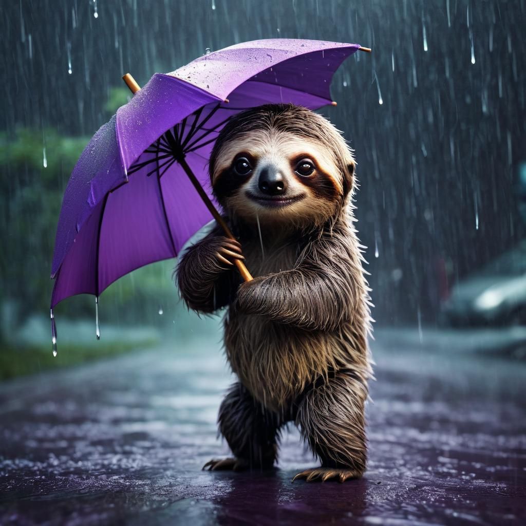 Sloth with Purple Umbrella in Rainy Concept Art