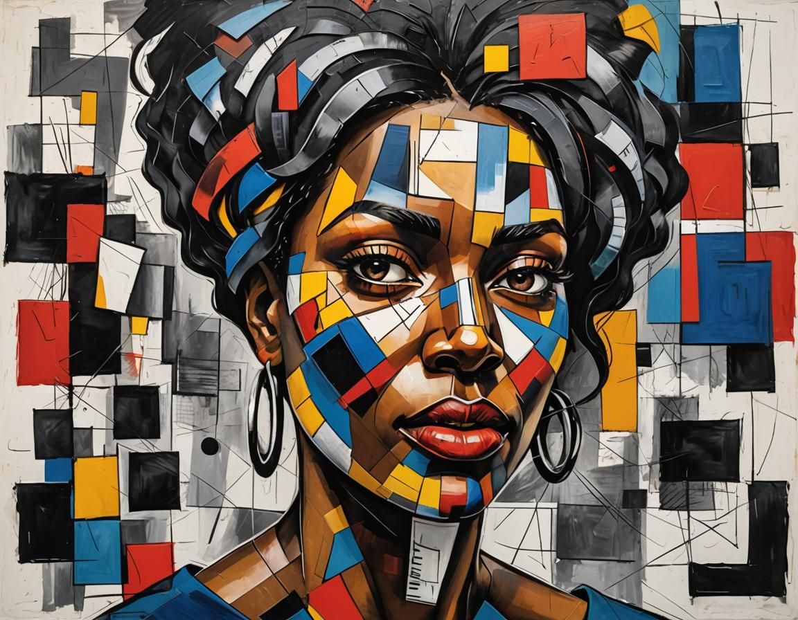 Cubist Portrait of a Black Woman in Primary Colors