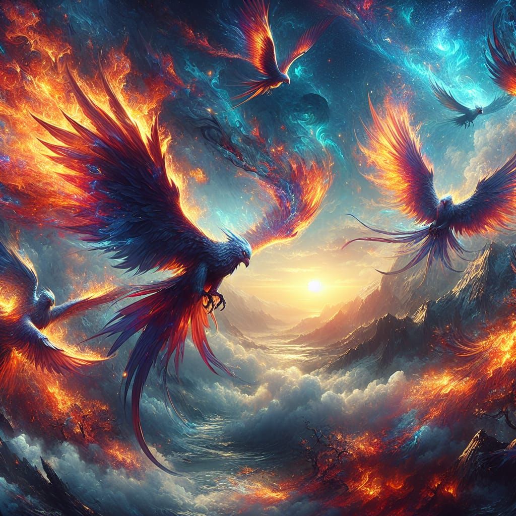 Majestic Fiery Birds Soaring in Detailed Matte Painting