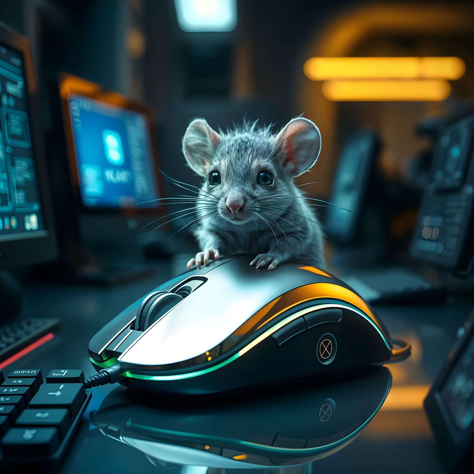 Mouse in Realistic Cinematic Scene Riding a Computer Mouse