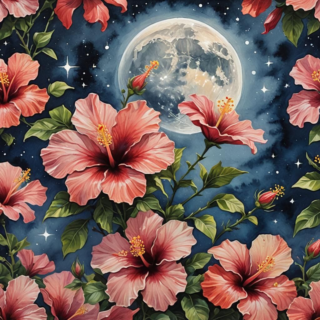 Hibiscus Flower with Moon and Stars, Impasto Gouache Style