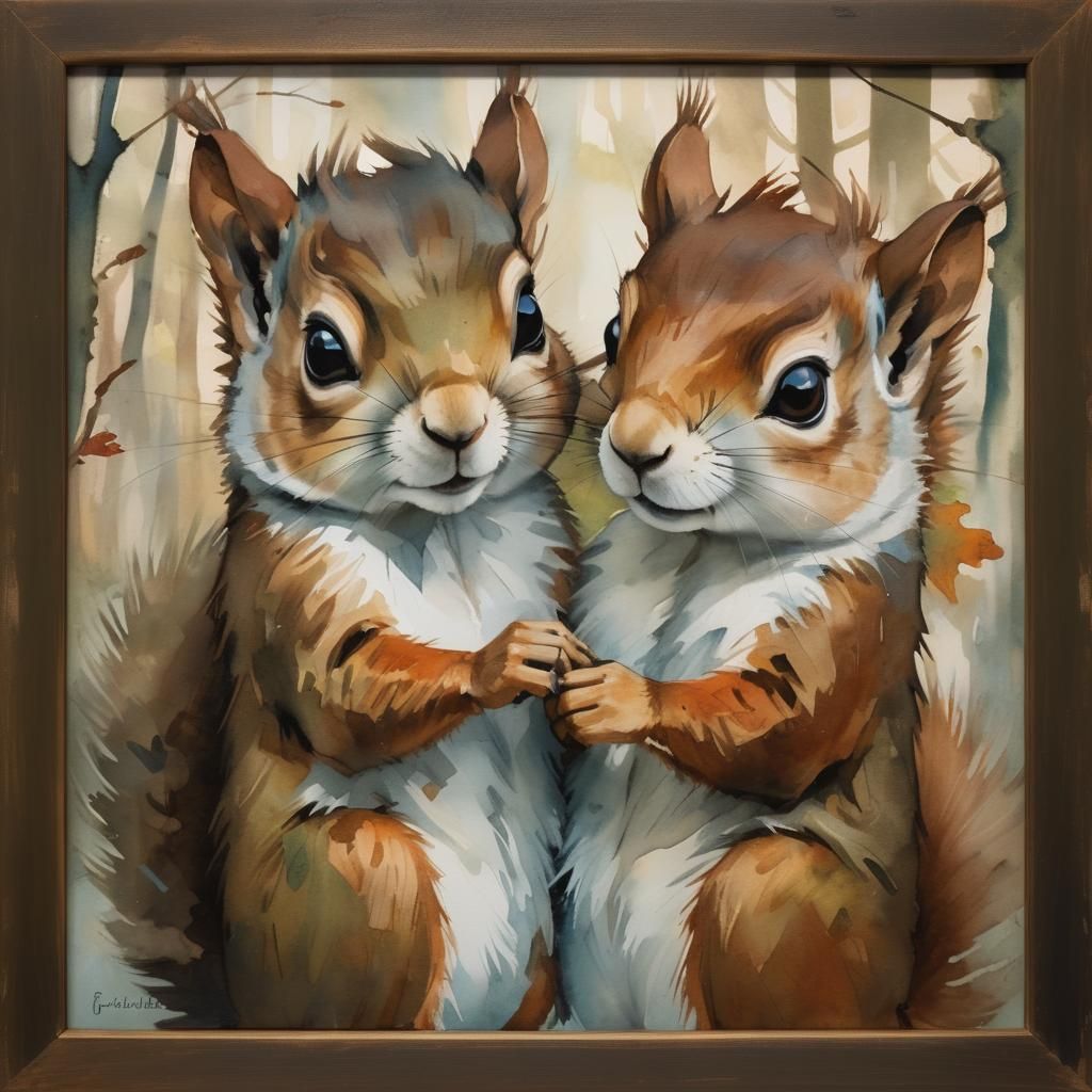 Squirrels in Misty Forest Clearing, Expressionist Style