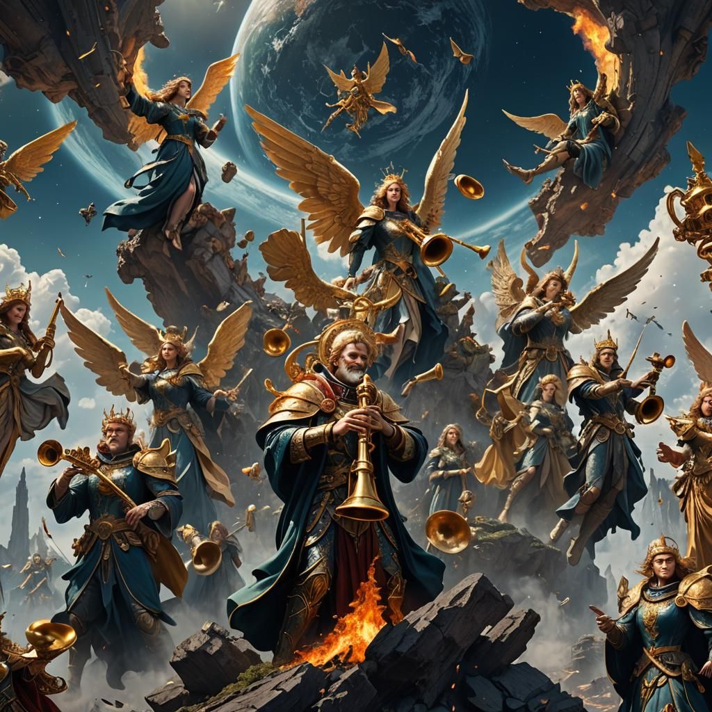 Angelic Trumpeters Sounding a Warning, Detailed Matte Painti...