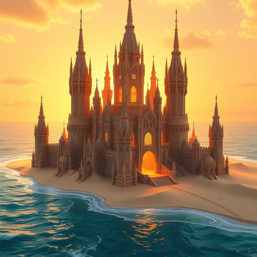 Ethereal Sand Castle Amidst Sunset Ocean
