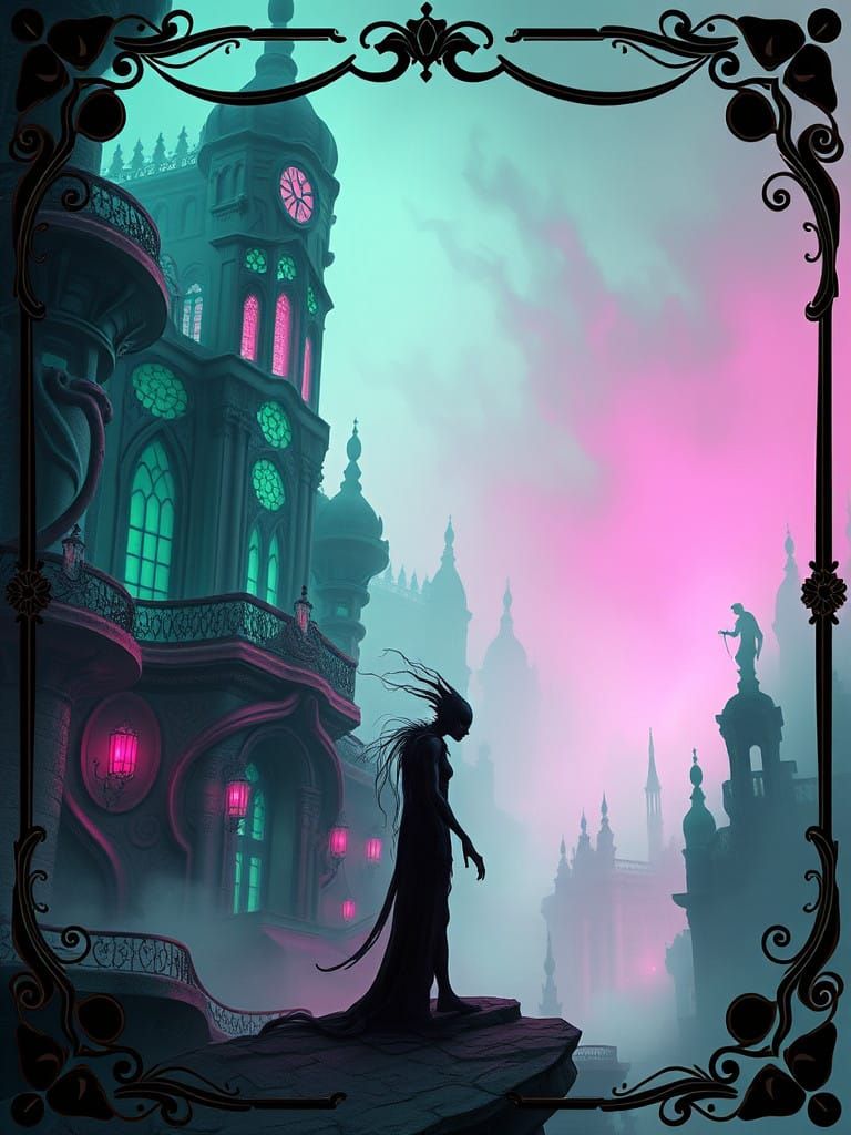 Dark, Fantastical Figure in Emerald Cityscape