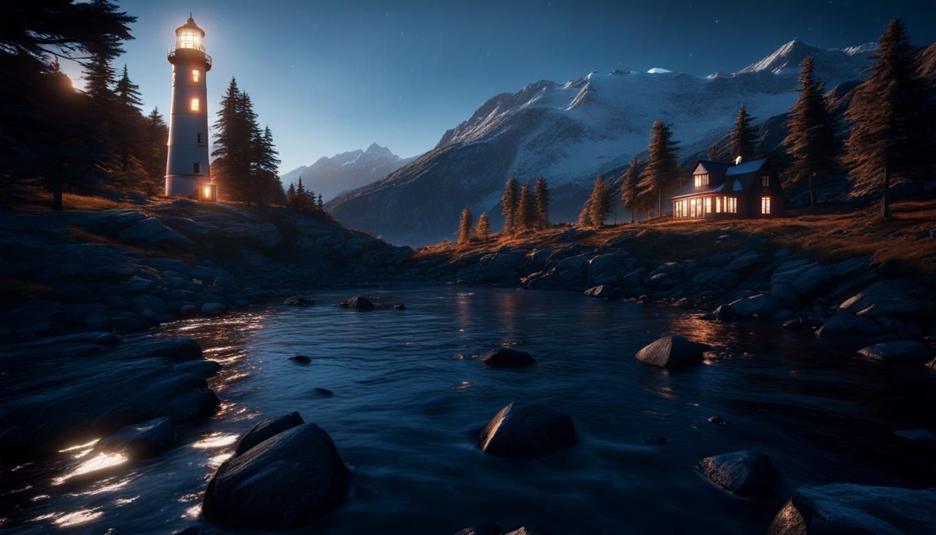 Hyperrealistic Lighthouse at Night in Rose Gold