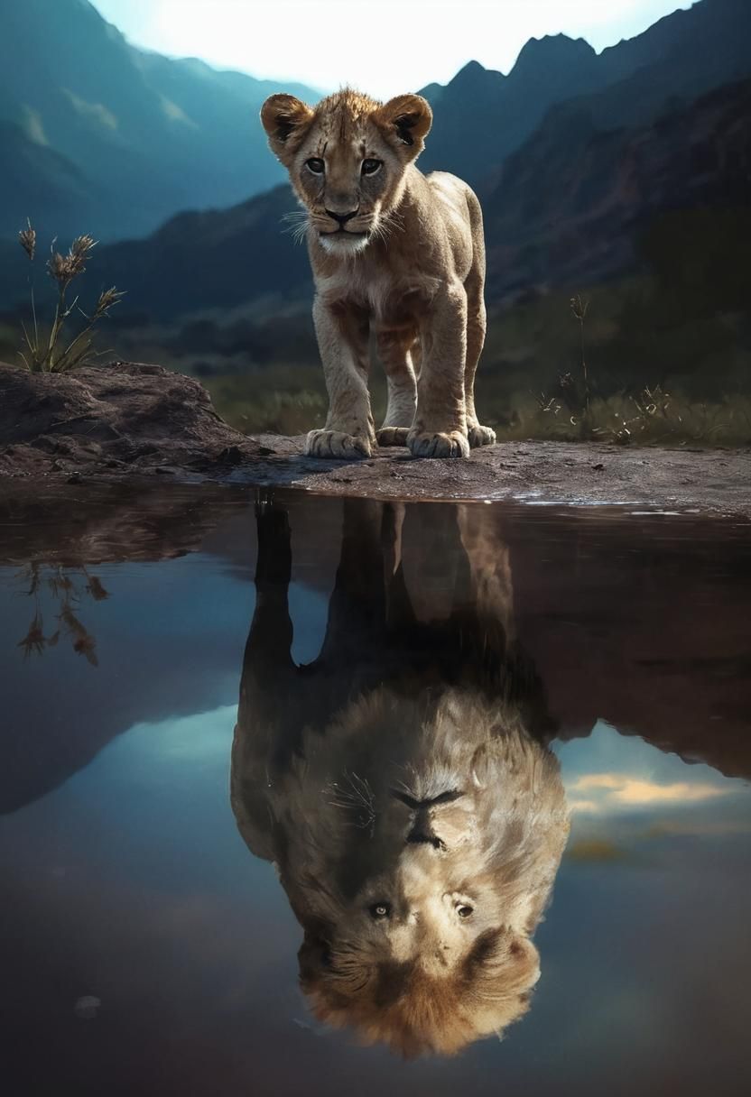 Lion Cub Reflection: Watercolor Wildlife Illustration