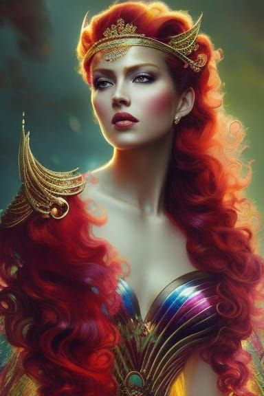 Red-Haired Queen with Rainbow Gems in Digital Art