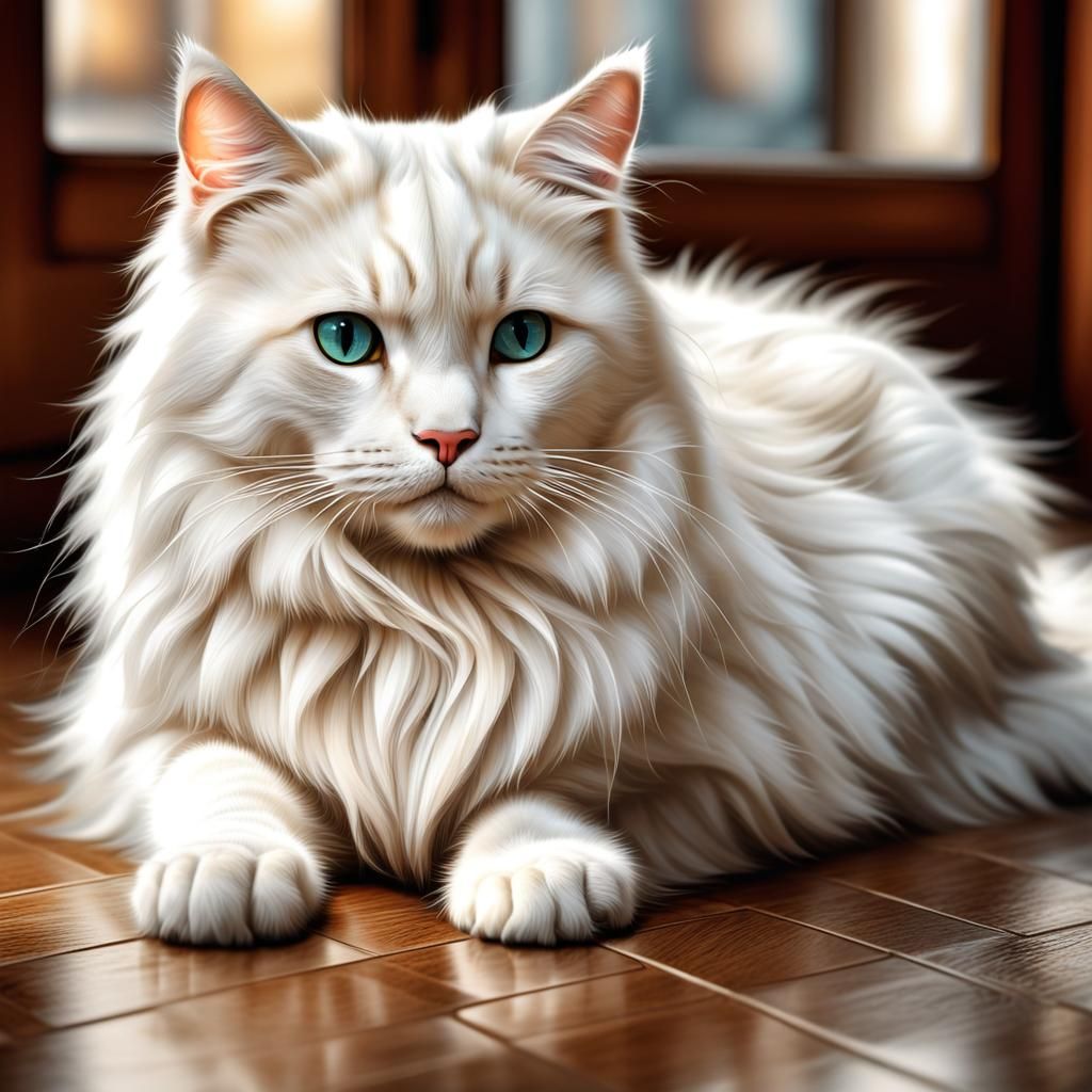 Cream White Cat with Silky Fur, Hyperrealistic Photo