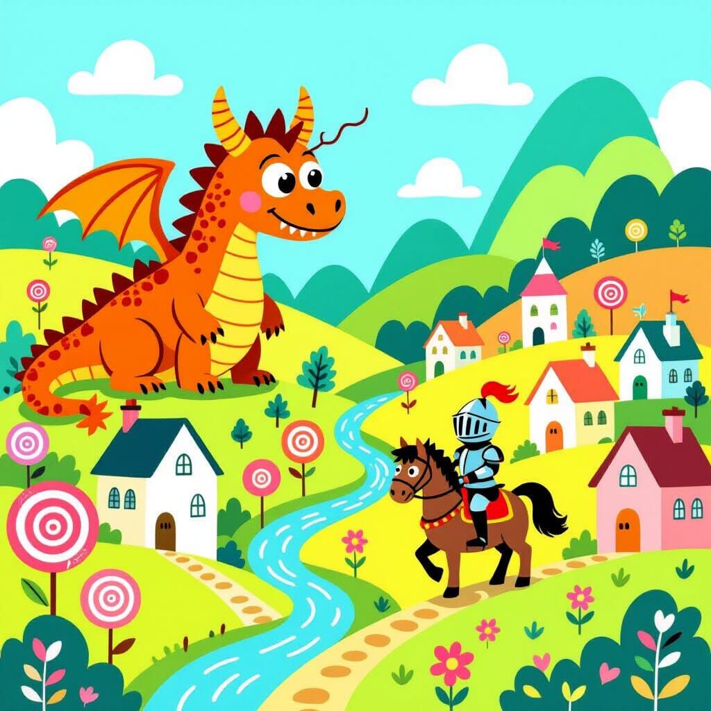 Fantasy Kingdom Map with Dragon in Cartoon Style
