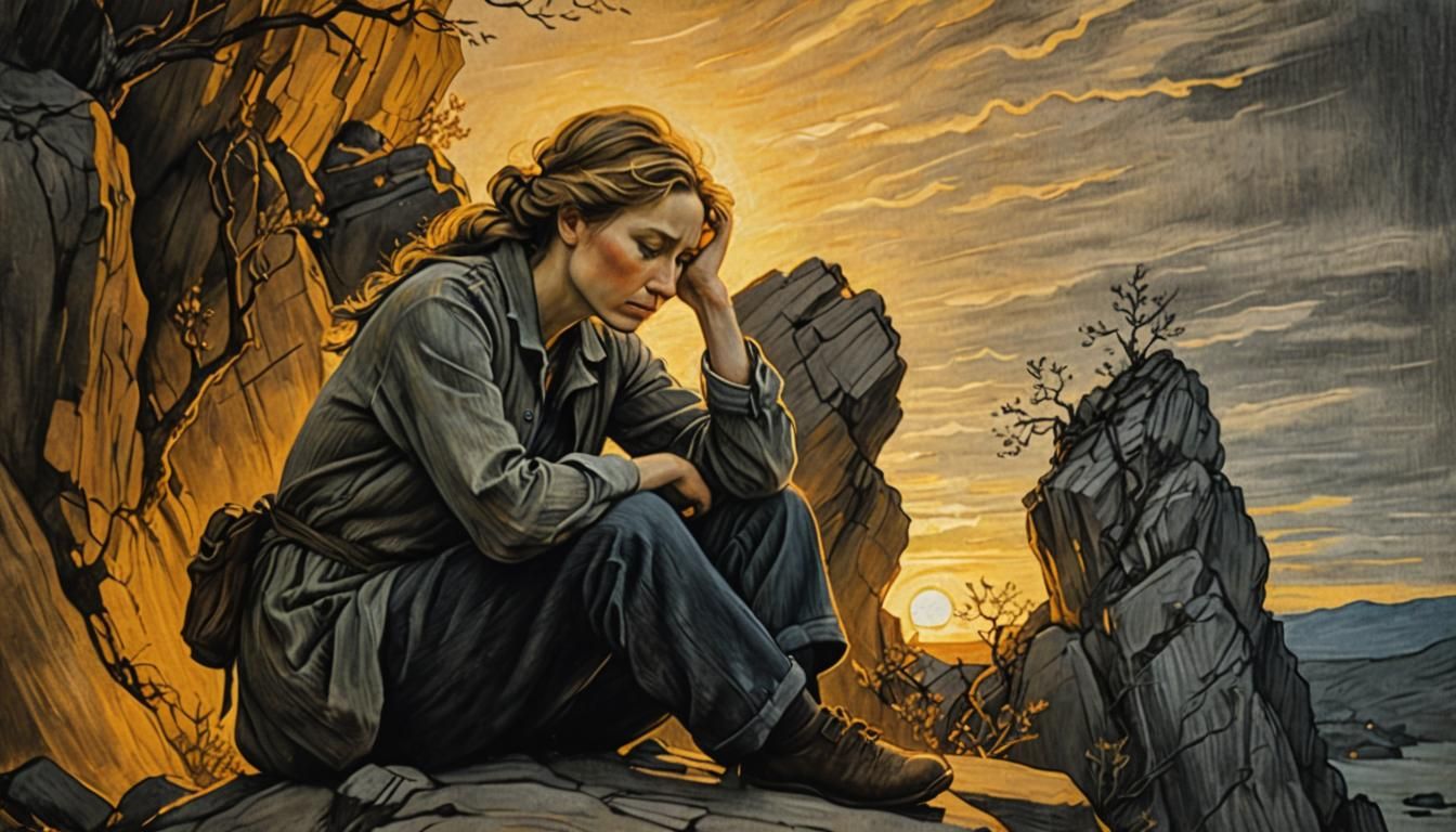 Contemplative Woman on Cliff in Post-Impressionist Style