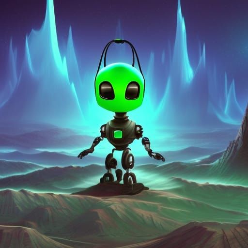 Cute Robot on Alien Landscape in Detailed Matte Painting