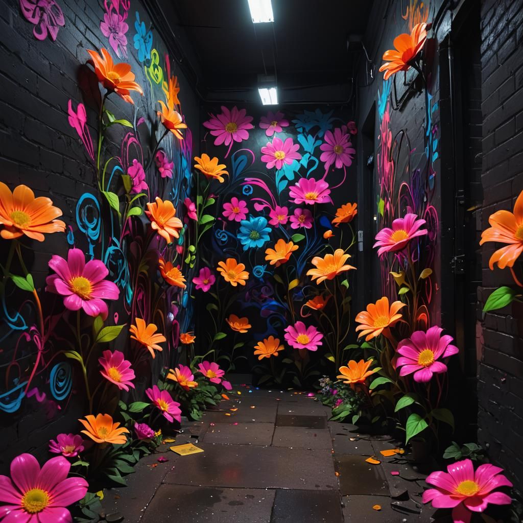 Neon-Noir Street Art with Vibrant Flowers
