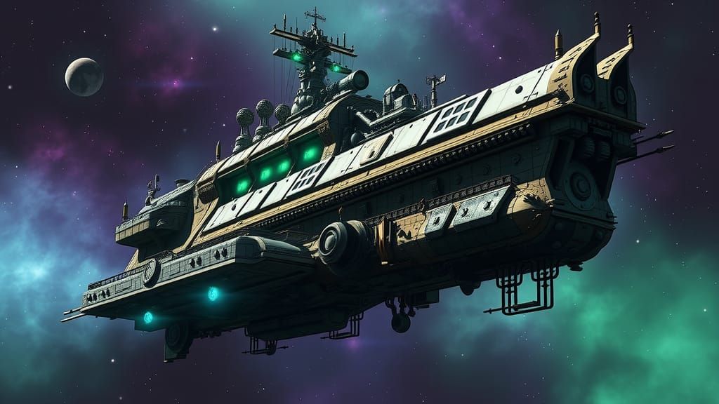 Steampunk Capital Ship Soaring Through Nebulae