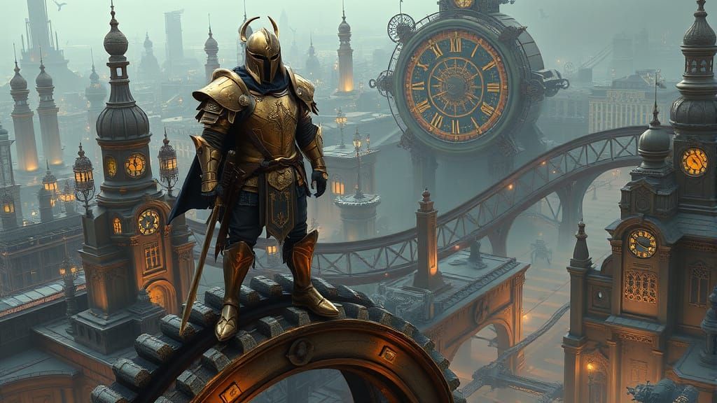 Steampunk Knight in Mechanical Metropolis