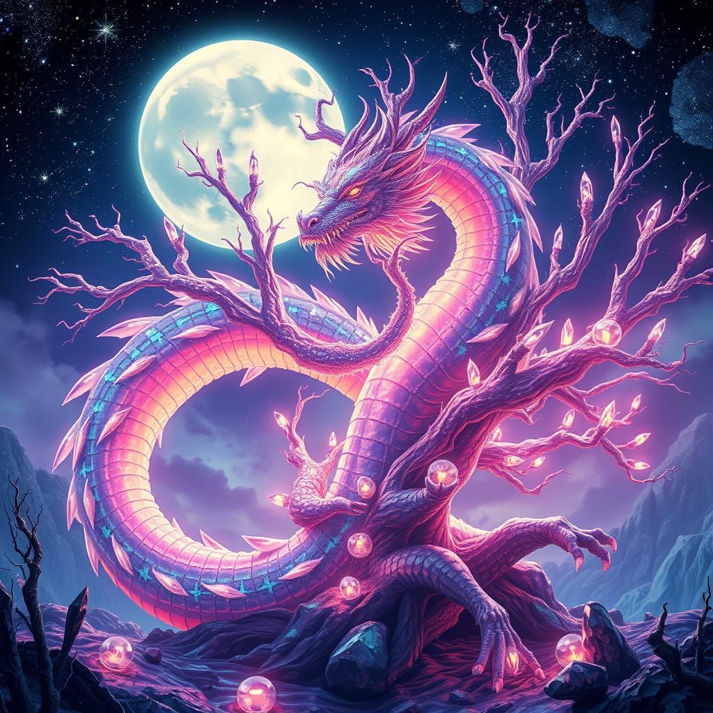Surreal Fantasy Landscape with Dragon and Luminous Tree at N...