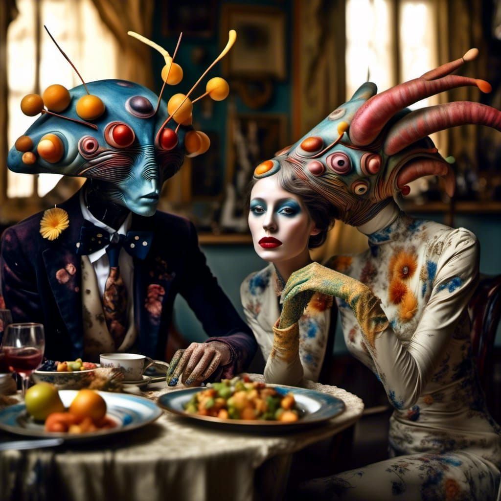 Abstract Polychromatic Alien at Table in Hyperrealism