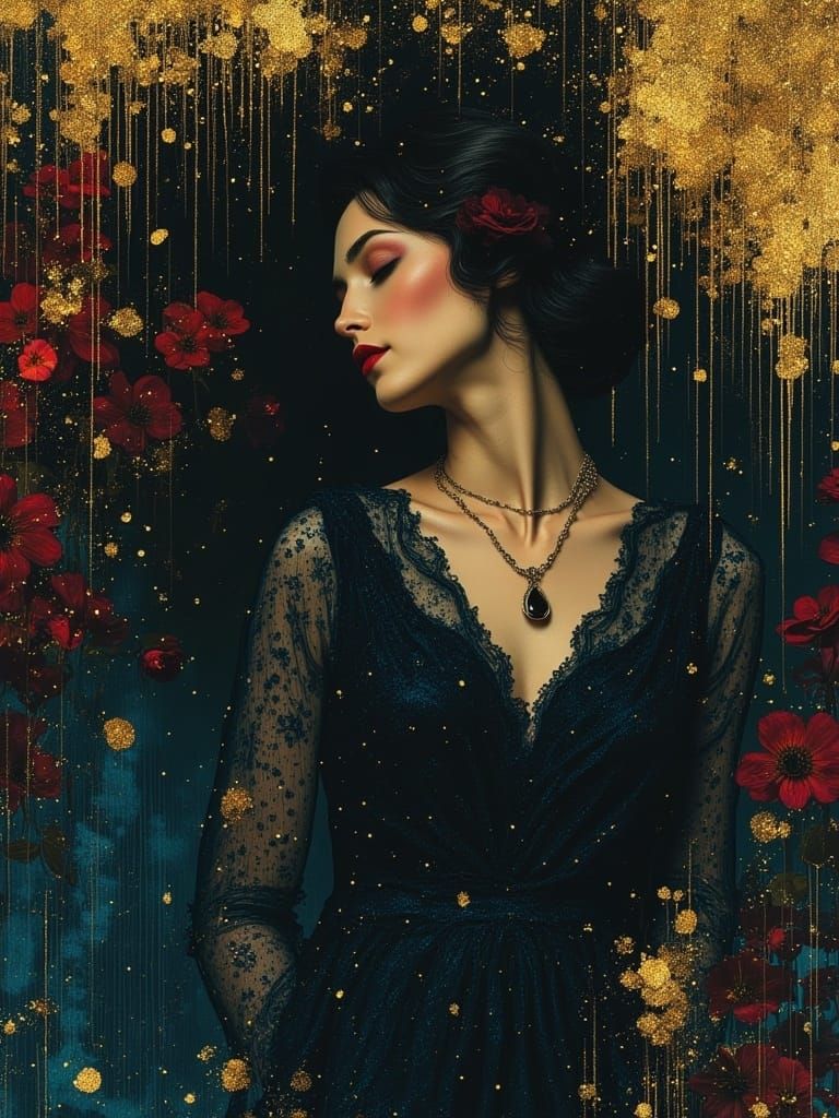 Gilded Woman: A Film Noir Portrait in Expressionist Style