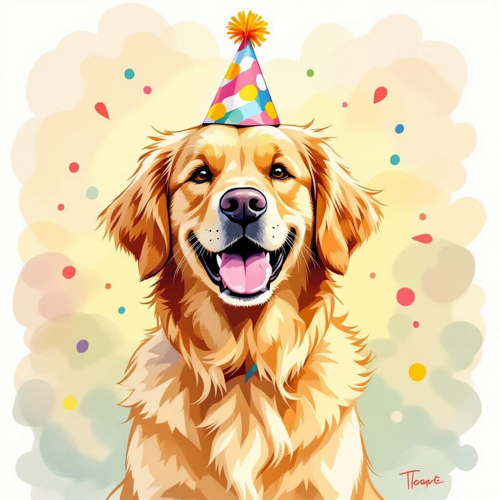 Whimsical Watercolor Golden Retriever in Party Hat