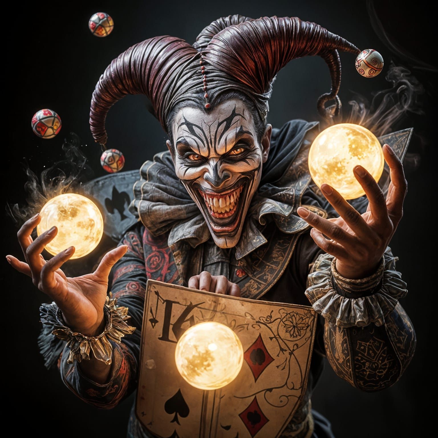 Macabre Jester Juggles Explosive Orbs in Gothic Baroque Styl...