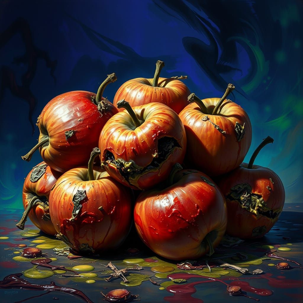 Dramatic Hyperrealistic Cluster of Rotten Poison Apples in D...
