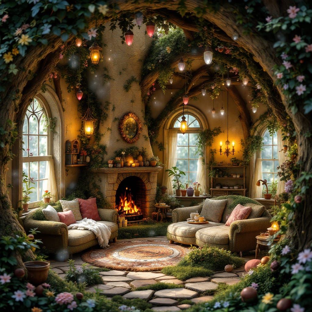 Ethereal Fairy House Interior with Cozy Living Room and Kitc...