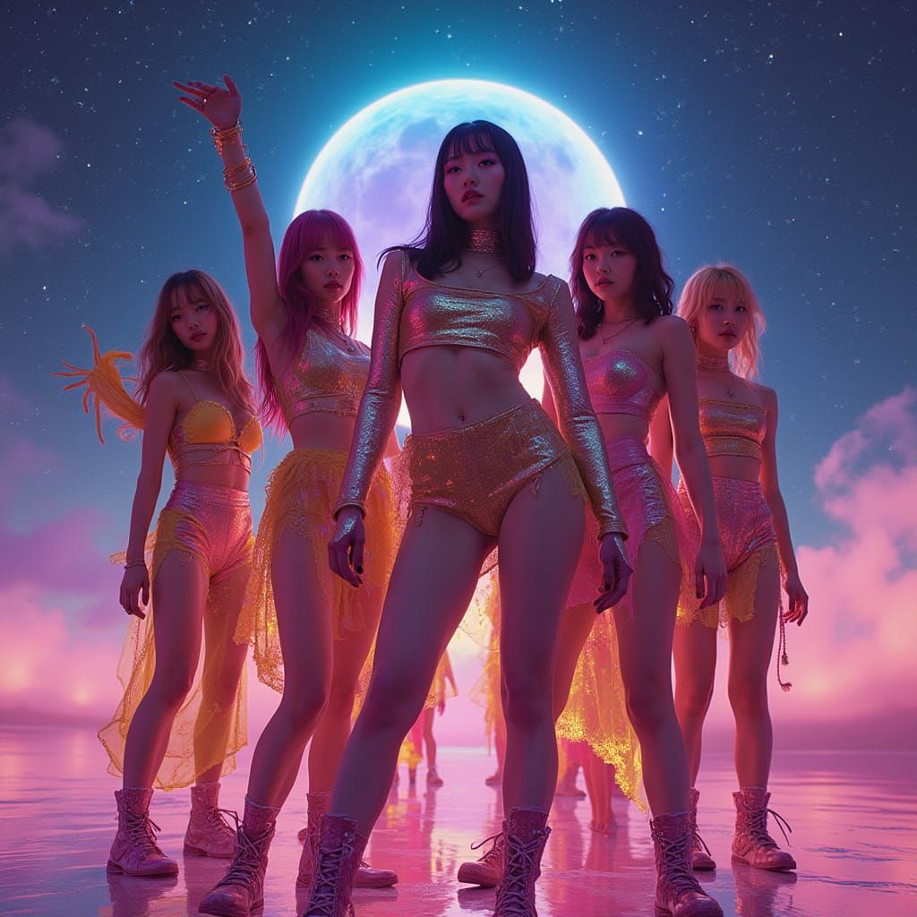 K-Pop Girl Group in Starry Void, Neon Futurism