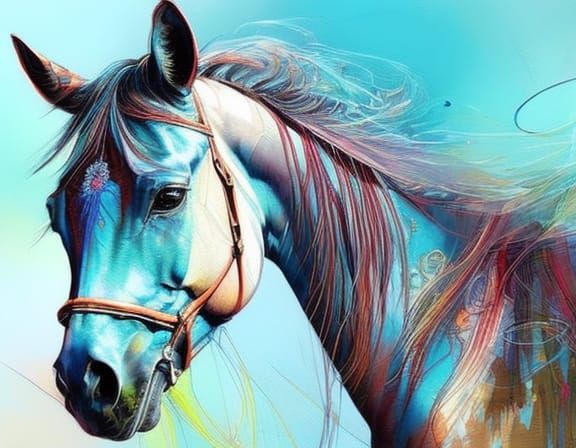 Horse Portrait with Blue Pastel and Shiny Aura