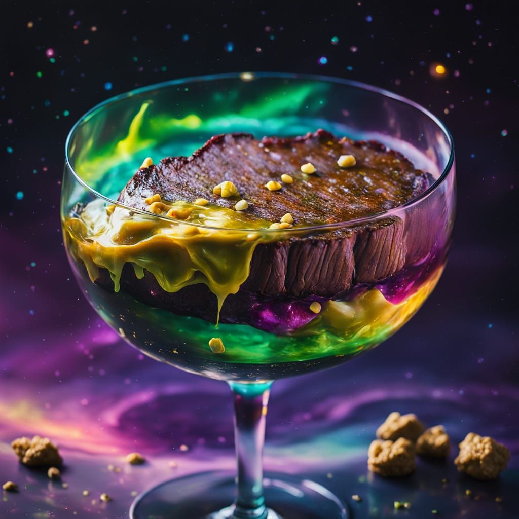 Gold Steak with Aurora Borealis: Surreal Oil Painting