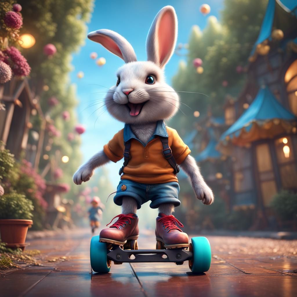 Happy Rabbit on Roller Skates, Detailed Digital Art